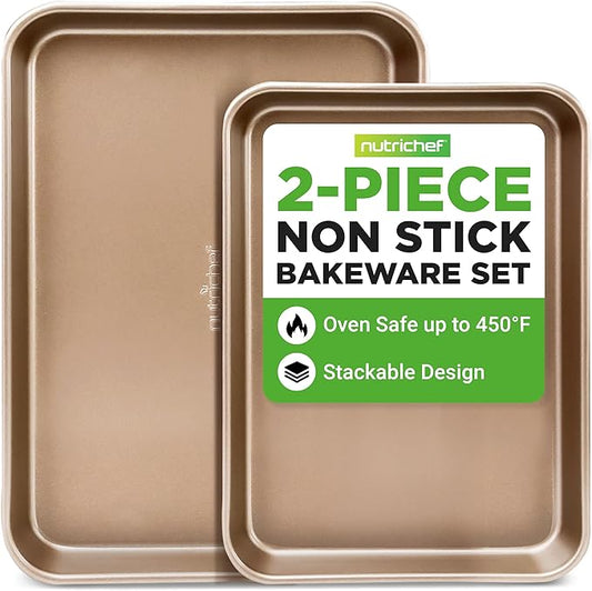 NutriChef 2-Piece Nonstick Stackable Cookie Sheet Set – Non-Toxic Carbon Steel Baking Pans – Heavy Duty, Warp-Resistant, Easy to Clean, Oven & Dishwasher Safe Bakeware