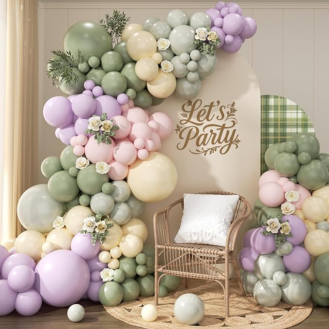 Pastel Balloon Arch Garland Kit 154pcs, Double Stuffed Light Green Sage Green Purple Yellow Macaron Pink Balloons Arch Kit for Wildflower Baby Shower Wedding Birthday Party Decorations