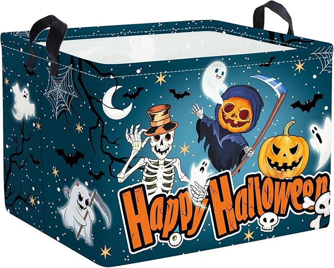 Clastyle Halloween Pumpkin Storage Basket Kid Spooky Book Gift Basket Empty Outdoor Graveyard Jack-o-lantern Boo Bin Baby Nursery Clothes Hamper Toy Box,Skeleton,40*30*30 cm