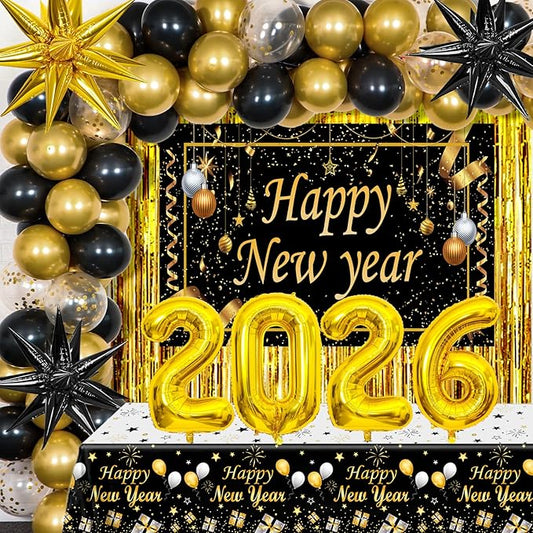 Happy New Year Decorations 2026, New Years Eve Party Supplies 2026 Black and Gold Happy New Year Banner Backdrop New Years Eve Decorations Tablecloth Foil 2026 Balloons for NYE Party Decor