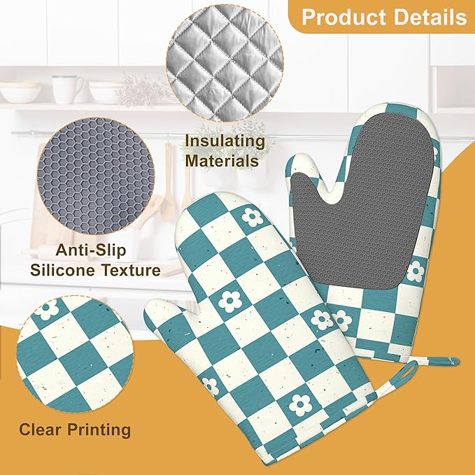 Vintage Groovy Checkered Oven Mitts and Pot Holders Sets of 4, Heat Resistant Flower Silicone Oven Mitts Gloves Non-Slip Kitchen Mittens Potholders for Cooking Baking Grilling BBQ