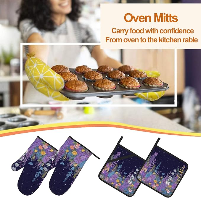 Purple Blue Yellow Flower Pattern Oven Gloves and Hot Pads Set - Heatproof Hand Protection for Baking, Grilling, Cooking 4Pcs