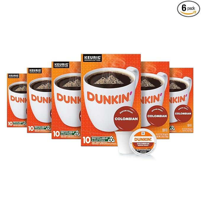 Dunkin’ Colombian Medium Roast Coffee, Keurig K-Cup Pods, 10 Count Boxes (Pack of 6)