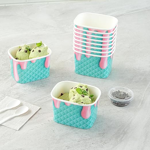 Restaurantware Paper Cups 200 Count 12 Ounce Square Disposable Ice Cream Containers, Leak-Resistant Paper Dessert To Go Cups, Hot And Cold Food, Durable Bubblegum Splash Design