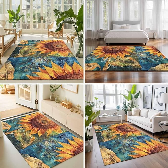 Area Rug 8x10ft, Rustic Golden Sunflower on Teal Blue Washable Rugs for Living Room Bedroom, Abstract Floral Soft Non-Slip Area Rugs Rectangle Floor Carpet for Dining Room