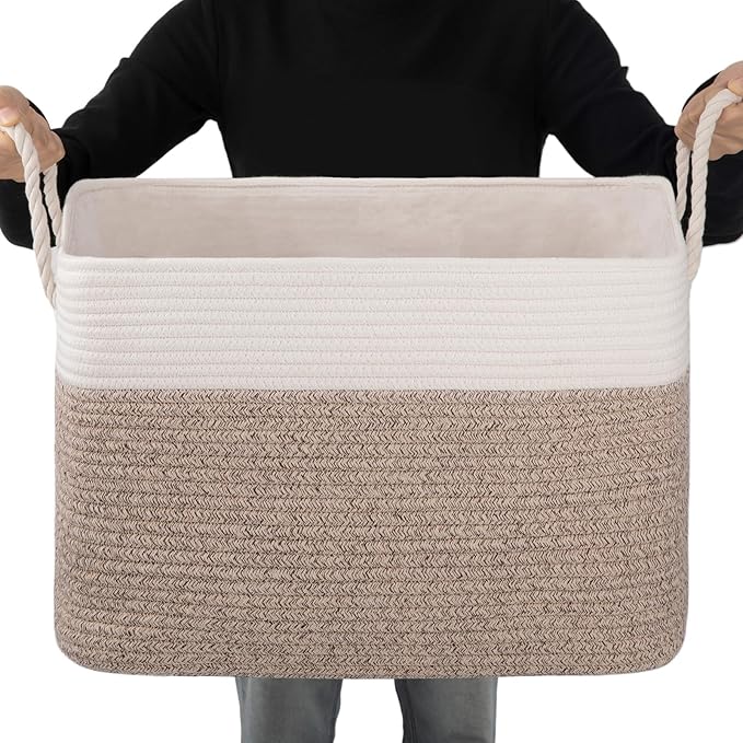 OIAHOMY Storage Basket for Organizing, Blanket Storage With Drawstring, Collapsible Storage Bin With Liner, Basket for Shelves, Blanket Basket Living Room-18”x14”x12”- Brown/White
