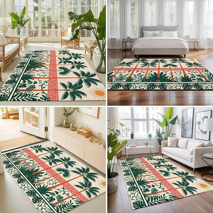 Area Rug 3x5ft, Vintage Sage Green Tall Palm Trees Washable Rugs for Living Room Bedroom, Summer Tropical Plants Soft Non-Slip Area Rugs Rectangle Floor Carpet for Dining Room