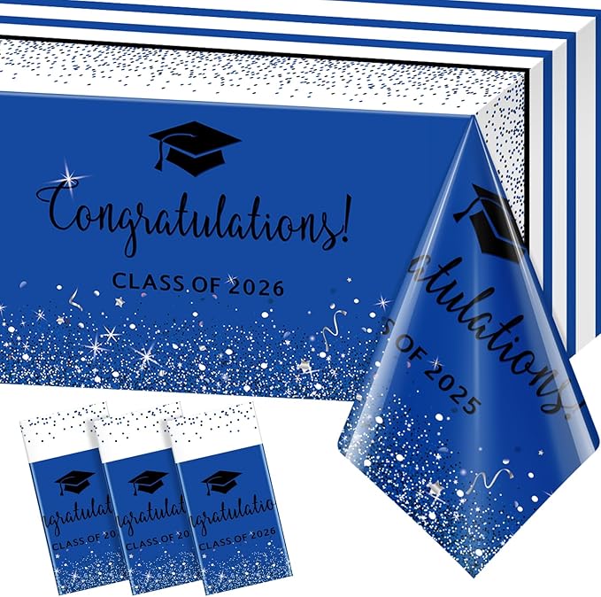3 Pack Class of 2026 Graduation Tablecloths,Foil Dot Plastic Disposable Rectangle Table Covers for 2026 High School University College Graduation Party Decorations,108*54 Inch (Blue and Black)