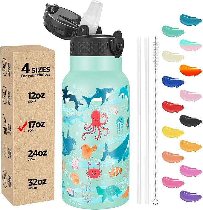 Han's Bottle Kids Water Bottle with Straw Lid - Insulated Stainless Steel Reusable Tumbler for Girls,Boys,Thermo Mug,17oz,Ocean Fish
