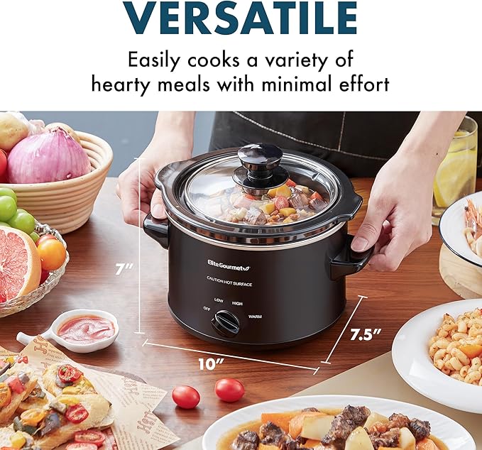 Elite Gourmet MST-250XBX Electric Slow Cooker Ceramic Pot, with Adjustable Temp, Entrees, Sauces, Soups, Roasts, Stews & Dips, Dishwasher Safe (1.5 Quart, Black)