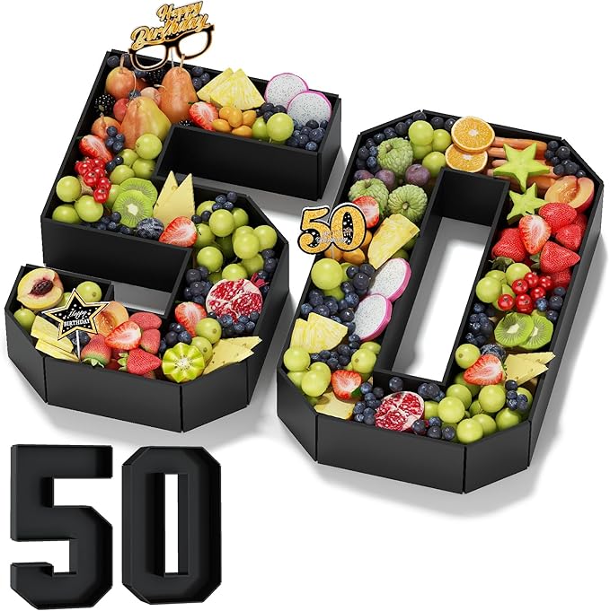 50 Cardboard Numbers for Charcuterie Numbers Fillable 13.8'' Black Paper Mache Number Shaped Cupcake Pans Board Box Trays Container for Food Candy 50th Birthday Party Decorations Anniversary