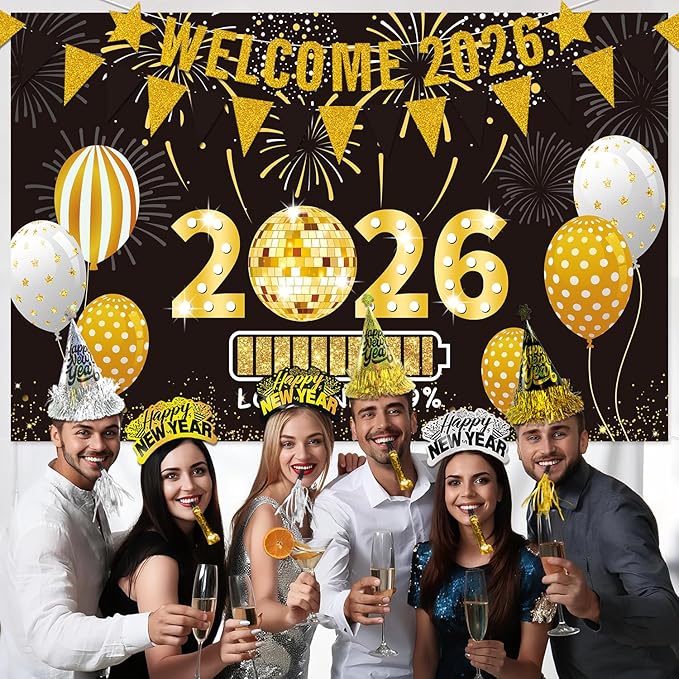 2026 New Year Eve Party Supplies for 24 Guests - New Years Decorations Black Gold, Large Happy New Year 2026 Banner , Glitter Cone Hats , Welcome Banner, Headwear, Eyeglasses and Party Blowers