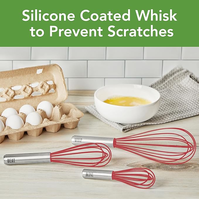 Tovolo Mini Whisk Stainless Steel 6 Inch Tiny Whipper Silicone Whisker for Cooking Blending Mixing Stirring Whisking Egg Beating, Easy Clean Dishwasher Safe Small Kitchen Mini Metal Whisk, Cayenne Red