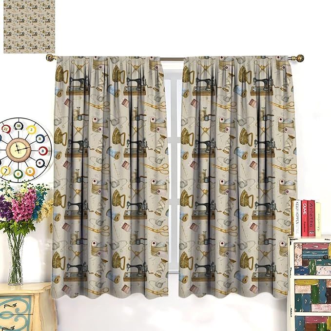 Sewing Theme Curtain,Sewing Machine Pattern for Girls Teens Women Adult Window Treatment Curtains for Bedroom Cafe Dining Room Office Living Room Kitchen Drapes, 55x63 in