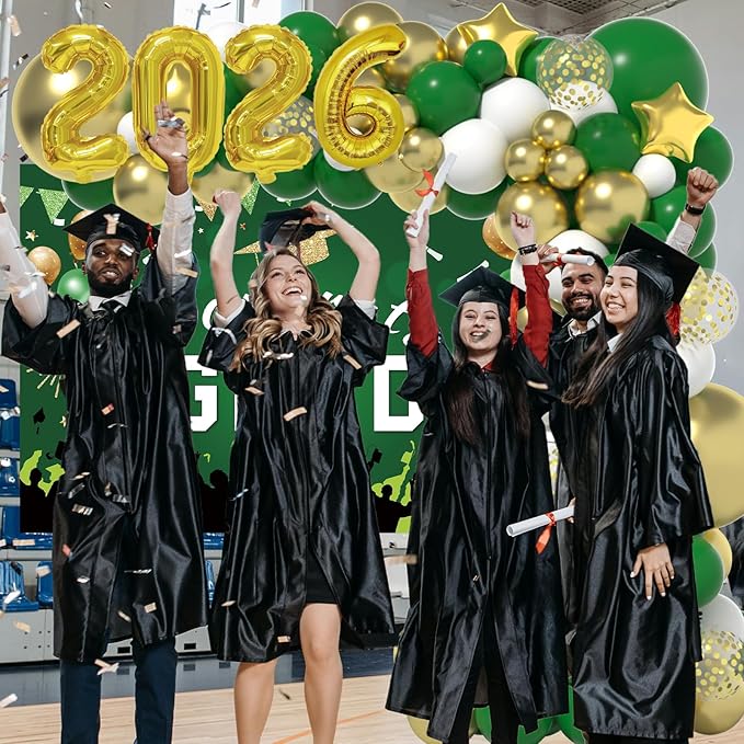 Graduation Decorations Class Of 2026: Green and Gold 2026 Graduation Decorations Balloon Arch Kit Congrats Grad Backdrop 136PCS Party Supplies for High School & College Celebrations
