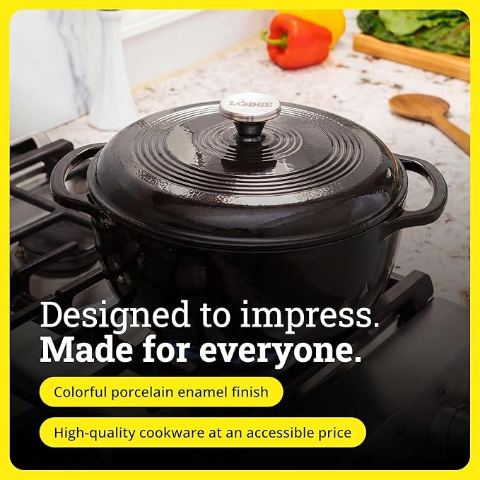 Lodge Essential Enamel Cast Iron Dutch Oven - Perfect for Bread Baking, Braising, Marinating & Slow Cooking - Features Moisture-Sealing Lid & Dual Handles - Kitchen Essentials - 6 Quarts - Midnight Chrome