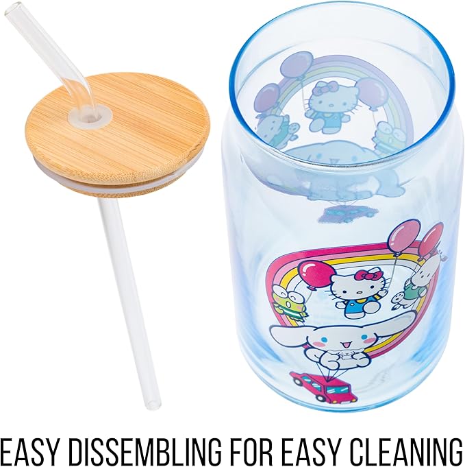 Silver Buffalo Sanrio Hello Kitty & Friends Floating Car Balloons Featuring Cinnamoroll, Pochacco, and Keroppi Glass Jar Tumbler with Bamboo Lid and Glass Straw, 16 Ounces
