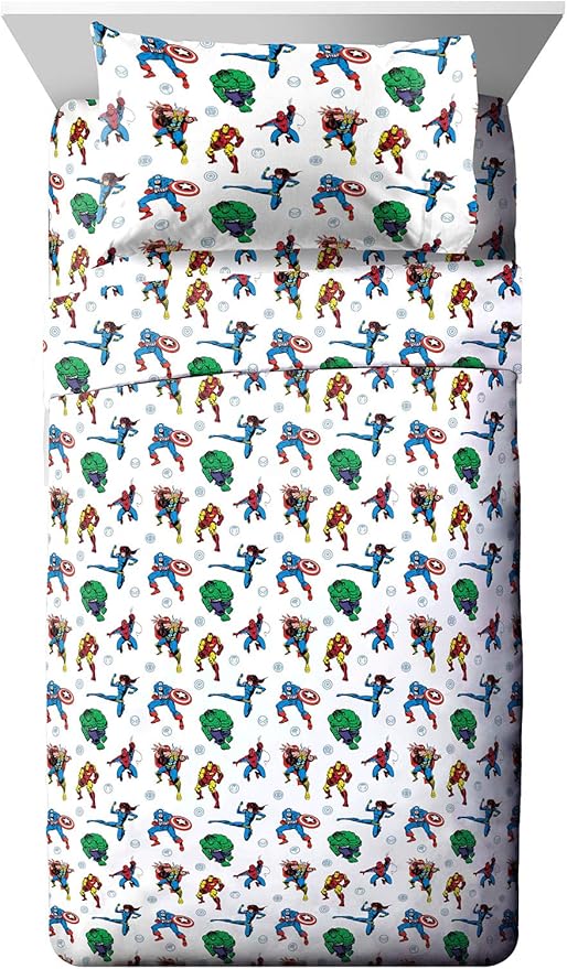 Jay Franco Kids Sheet Set with Fitted, Flat Sheets & Pillow Cover - Ultra-Soft Bedding with Pillowcase for Room Decor, White - Avengers, 4 Piece Full
