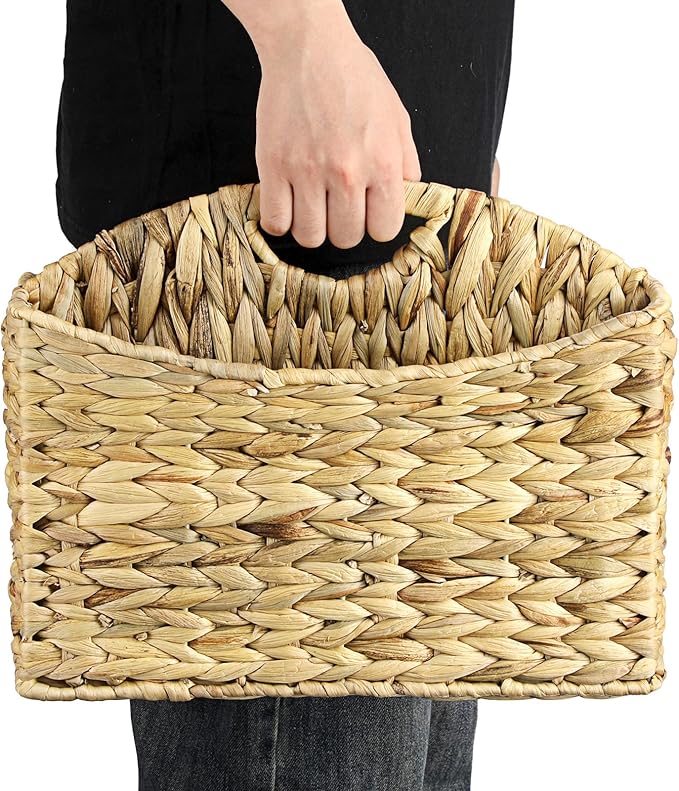 BTSKY Woven Magazine Holder, 2-Section Water Hyacinth Magazine Basket, Natural Storage Basket Bin for Books & Files, Bathroom Magazine Rack with Built-in-Handle for Home, Office & Desk