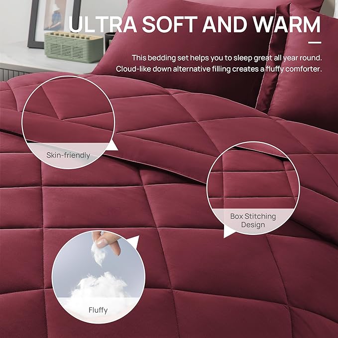 Love's cabin King Size Comforter Set Burgundy, 7 Pieces King Bed in a Bag, All Season Bedding Sets with 1 Comforter, 1 Flat Sheet, 1 Fitted Sheet, 2 Pillowcase and 2 Pillow Sham | Soft, Breathable, Lightweight, Comfortable