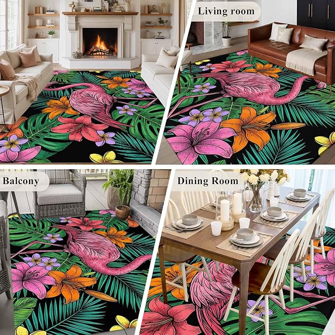 Area Rug 8x10ft, Pink Flamingos Tropical Leaf Washable Rugs for Living Room Bedroom, Colorful Lily Blossom Floral Soft Non-Slip Area Rugs Rectangle Floor Carpet for Dining Room