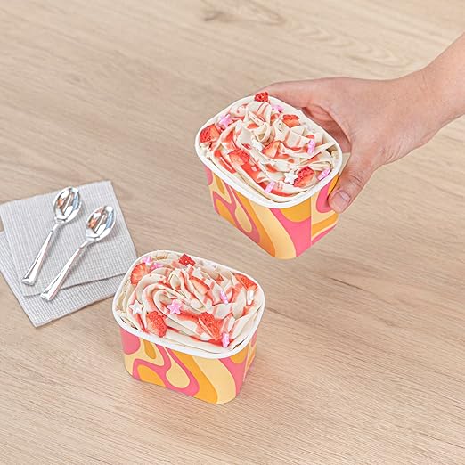 Restaurantware Paper Cups 50 Count 12 Ounce Square Disposable Ice Cream Containers, Leak-Resistant Paper Dessert To Go Cups, Hot And Cold Food, Durable Tropical Twist Design