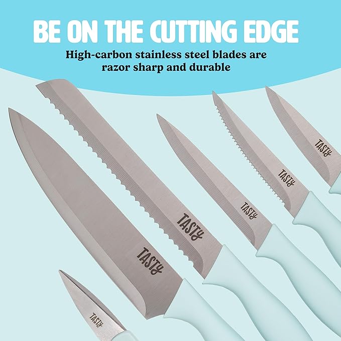 Tasty Kitchen Knife Set with Block, Cutlery Set includes Chef, Bread, Utility, Paring, Steak Knives & Shears, 10-Piece, Aqua