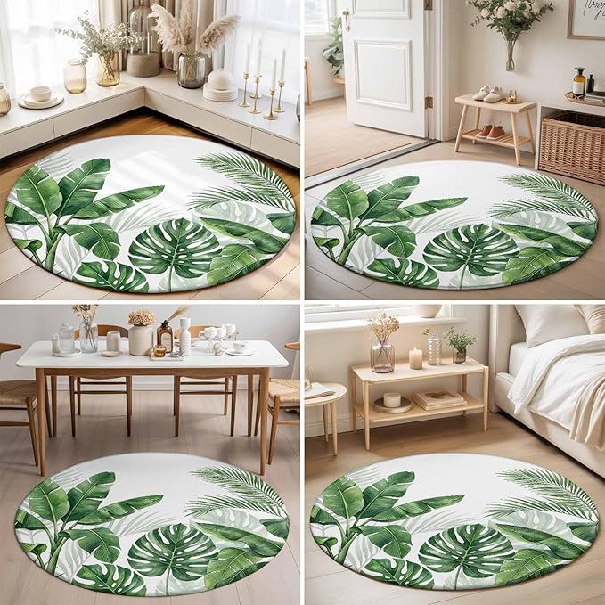 Washable Round Area Rug Watercolor Green Tropical Leaves Circle Rugs Floor Carpet for Living Room Bedroom, Botanical Palm Leaf Plants Soft Non Slip Round Rug 5ft