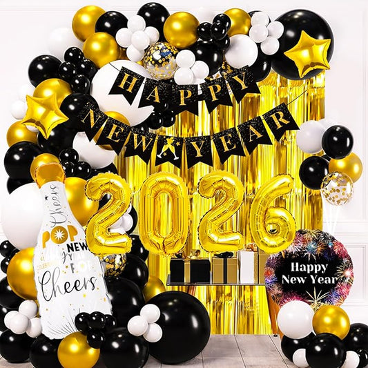 2026 New Years Eve Party Supplies, Happy New Year Decorations 2026, New Years Decorations Kit with 2026 Balloons, Happy New Year Banner, Gold and Black Balloons, Fringe Curtain for NYE Decoration