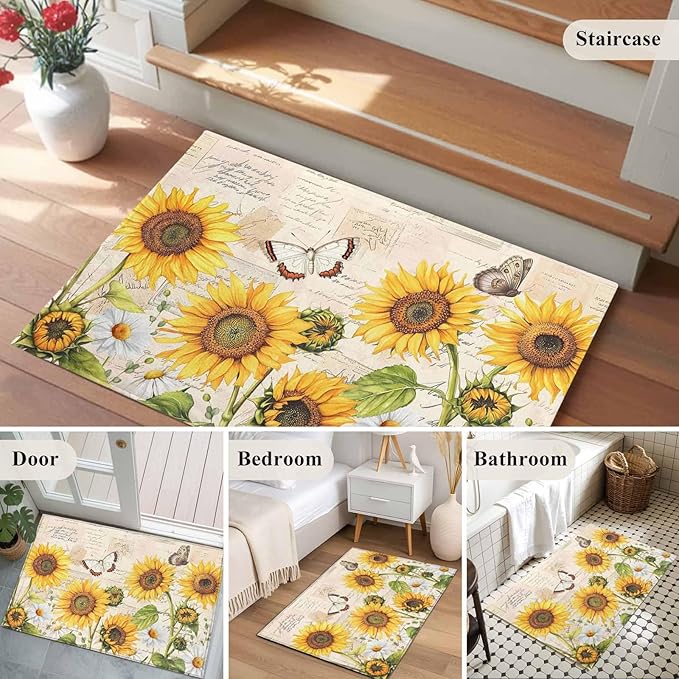Sunflower Farmhouse 2x3 Door Mat Rug, Retro Floral Butterflies Non-Skid Rubber Backing Large Rectangle Rugs - Living Room Bedroom Home Office, Spring Summer Indoor Floor Mat Carpets Washable Rug