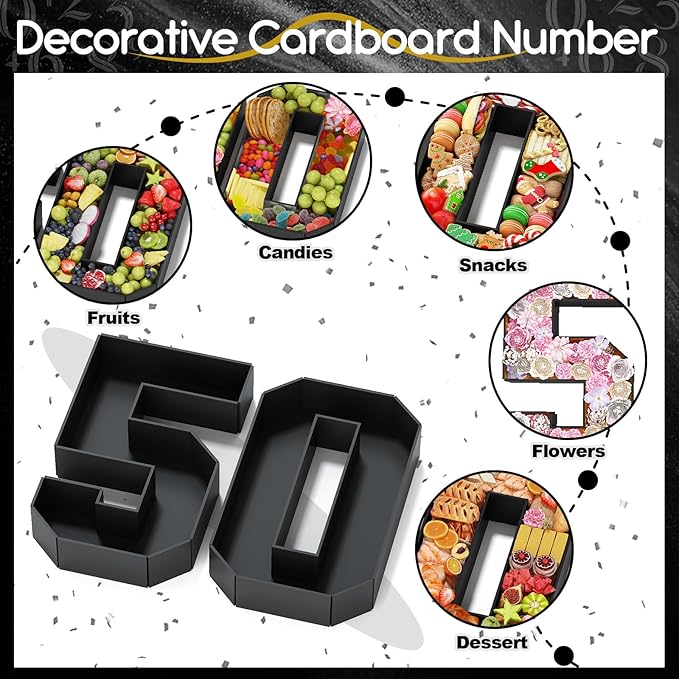 50 Cardboard Numbers for Charcuterie Numbers Fillable 13.8'' Black Paper Mache Number Shaped Cupcake Pans Board Box Trays Container for Food Candy 50th Birthday Party Decorations Anniversary