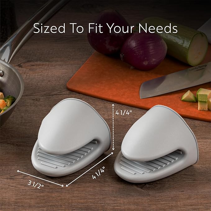 Restaurantware Comfy Grip 4.3 x 3.5 x 4.2 Inch Mini Oven Mitt Pot Holders 1 Food-Grade Finger Mitt Set - 2-Piece Set Oven-Ready Up To 446F Gray Silicone Pinch Mitts Ribbed Texture Dishwashable