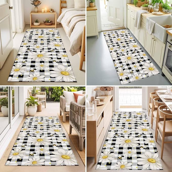 Runner Rug for Bedroom Hallway, Farmhouse Blossom Flower Bee Kitchen Runner Rugs Area Rug 2x6ft, Spring Daisy Black White Plaid Washable Soft Floor Carpet for Entryway Stair