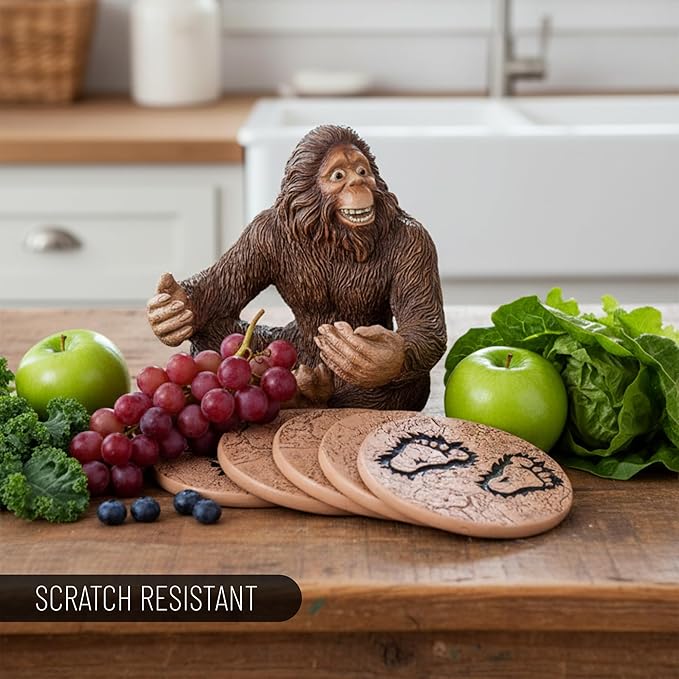 Pine Ridge Rustic Chic Drink Coaster Set with Holder for The Man Cave Old West Decor Rustic Hunter Cabin Theme Cabin Dining Furniture Gun Gifts for Men (Bigfoot Sasquatch Brown)