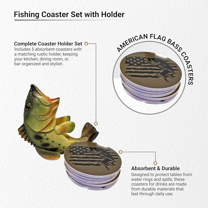 Pine Ridge Fishing Coasters for Drinks with Holder - American Flag Bass Coaster Dining Room Set - Rustic Decor Living Room Coasters for Drinks Absorbent with Holder Set of 5 - Bar Coasters for Drinks