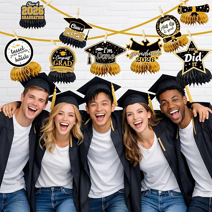 Graduation Decorations 2026 - Black Gold Graduation Honeycomb for Table Centerpiece | Graduation Party Decorations Class of 2026,Table Toppers for Graduation Party Favors Supplies Indoor Outdoor