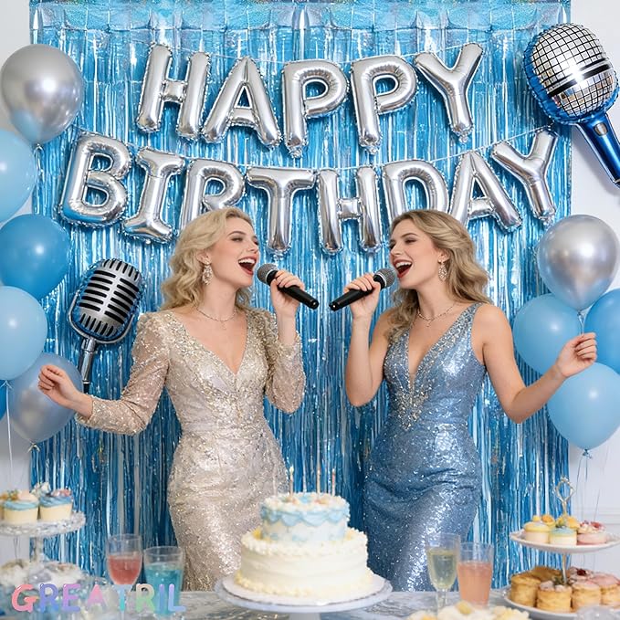 Blue Tinsel Curtain Party Backdrop - GREATRIL Foil Curtain Party Photo Streamers Backdrop for Frozen/Mermaid/Under Sea/Baby Party Decorations - Pack of 2