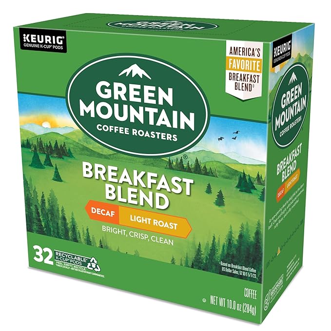 Green Mountain Coffee Roasters, Breakfast Blend Decaf Coffee, Keurig Single-Serve K-Cup Pods, Light Roast, 32 Count