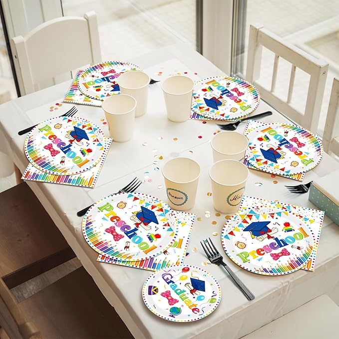 Kepeel 200Pcs Preschool Graduation Party Tableware Set, 2026 Pre-K Grad Party Supplies Decorations Preschool Kindergarten Graduate Party Dessert Plates Napkins Favor for Boys Girls, Serves 50 (White)