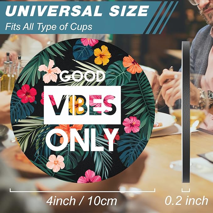 Nipichsha Coasters for Drinks, Set of 6 Cute Absorbent Rubber Drink Coasters for Cup with Non Slip Backing, Kitchen Home Decor Housewarming Gift, Round 4 in, Flowers Good Vibe
