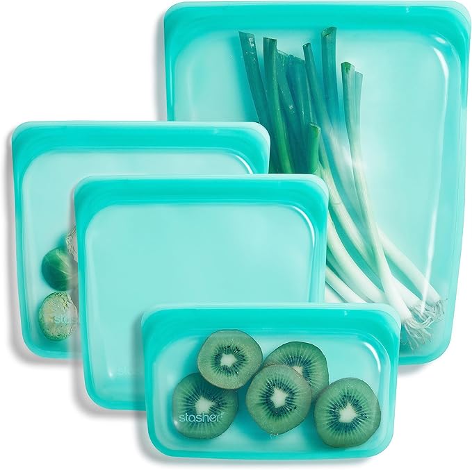 Stasher Silicone Reusable Food Storage Bags, 4-Pack, Reusable Freezer Bags, Microwave, Dishwasher, Oven Safe, Sous Vide, Premium Lunch Containers, Eco Friendly, Snack Bag, Food-safe Silicone, Aqua | Reusable Food Bags