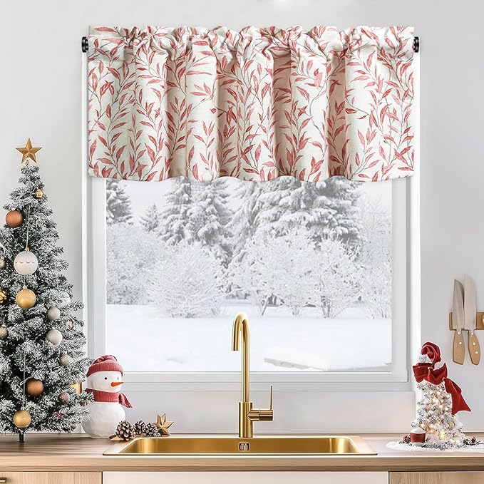 Leeva Printing Red Leaves Window Valances - Farmhouse Semi-Blackout Rod Pocket Valance for Bedroom, Living Room, Laundry, 52 x 18 Inch, One Panel