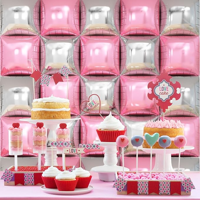 Pink Silver Square Foil Balloon Wall,25Pcs Double Sided Balloons Backdrop Helium Balloon Tunnel Arch Garland Kit for Christmas Birthday Bridal Anniversary Baby Shower Party Decorations