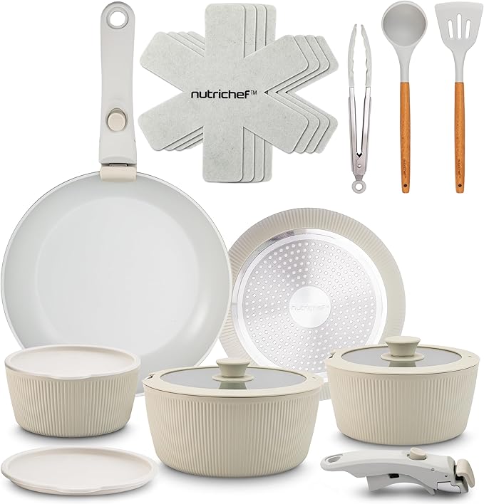 NutriChef 18-Piece Ceramic Cookware Set with Detachable Handles, Space-Saving Nonstick Pots, Pans & Lids, Oven-Safe Bowls, Stackable Storage, Includes Cooking Utensils & Accessories (Green)