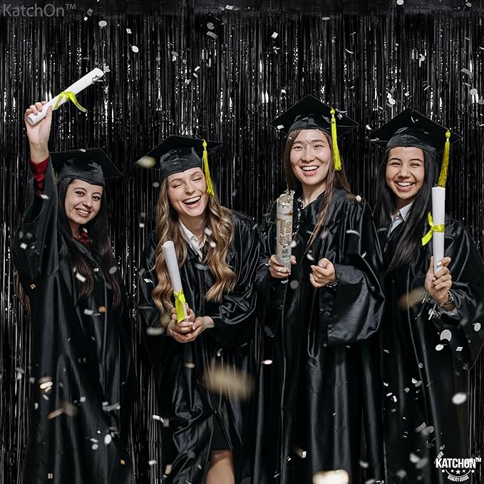 KatchOn Large Black Fringe Backdrop - Pack of 2 | Black Streamers for Graduation Decorations 2026 | Tinsel Backdrop for Anniversary, Birthday, Bachelorette | 2026 Graduation Decorations