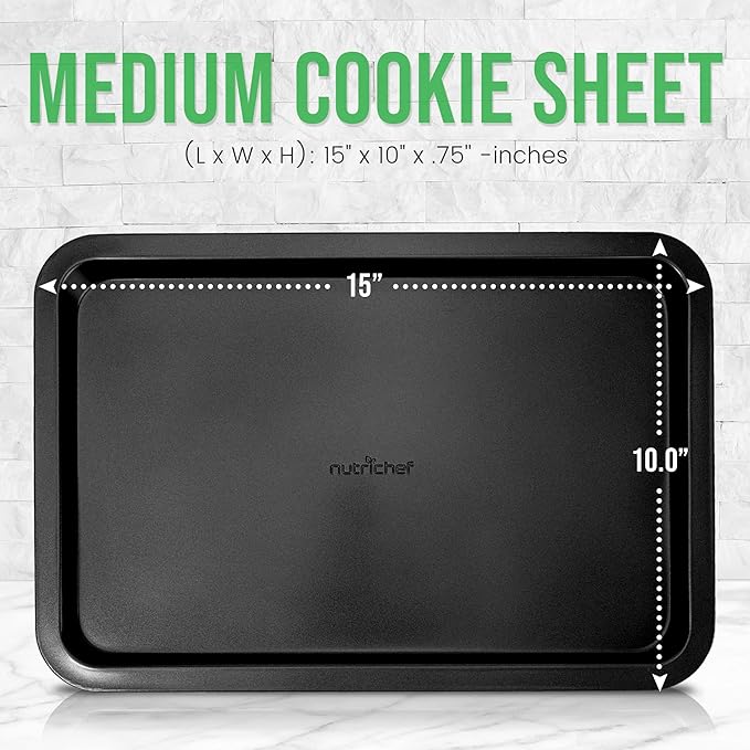 NutriChef 15” x 10" Non-Stick Cookie Sheet for Baking - Carbon Steel Baking Pan w/ Nonstick Coating - Jelly Roll Pan Compatible with Ovens & Toasters, Grey