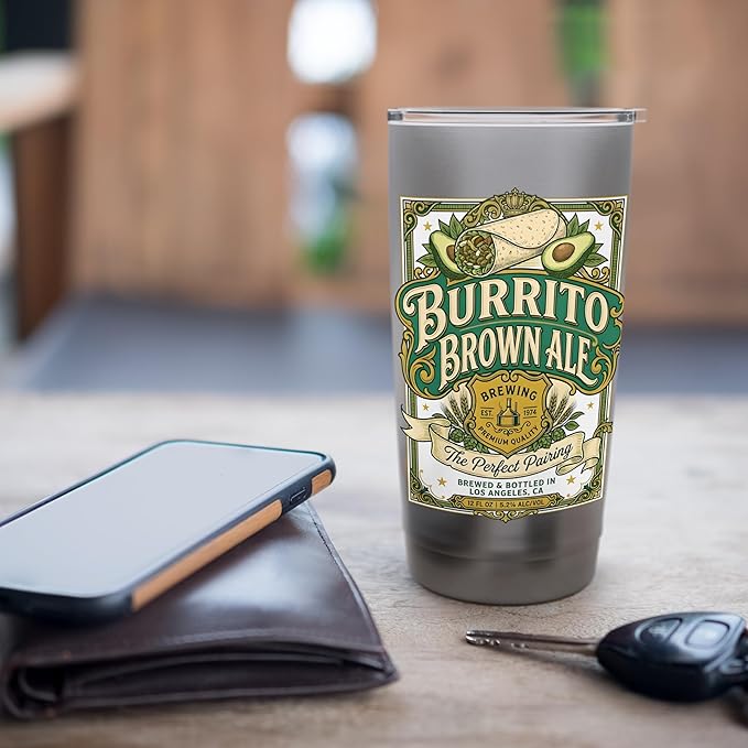 Burrito Brown Ale Mexican Food Retro Funny Beer Label Stainless Steel Insulated Tumbler