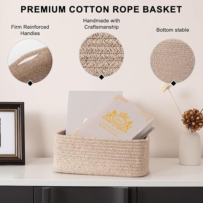OIASKET 4 Pack Small Storage Shelf Baskets for Organizing, Mini Woven Rope Storage Bins for Towels, Cute Decorative Closet Organizer，Baby Nursery, Gift Empty Baskets -11.81''Lx7.87''Wx4.72''H'-Brown