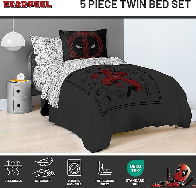 Jay Franco Marvel Deadpool Twin Size Comforter Set - 5 Piece Bedding Includes Sheet Set and Pillow Covers - Gray and Red Super Soft Cozy Bedding