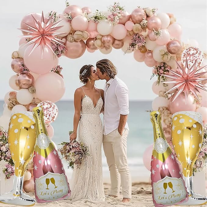 4 Pcs Champagne Balloons, Huge Rose Gold Champagne Bottle Goblet Aluminum Foil Balloons for Birthday, Bachelorette, Bridal Shower, Wedding, Anniversary, Engagement Party Decorations Supplies